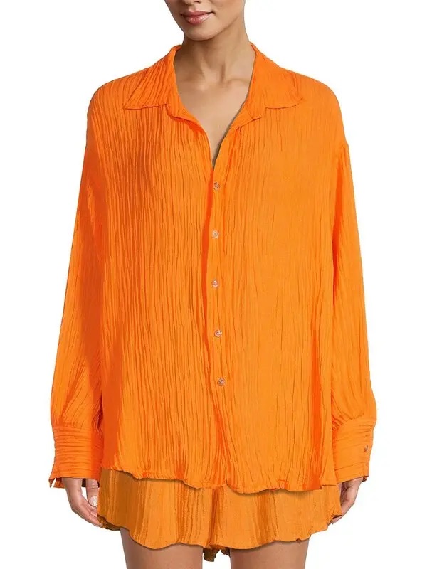 Faithfull The Brand Solar Crinkle Shirt In Tangerine Nwt